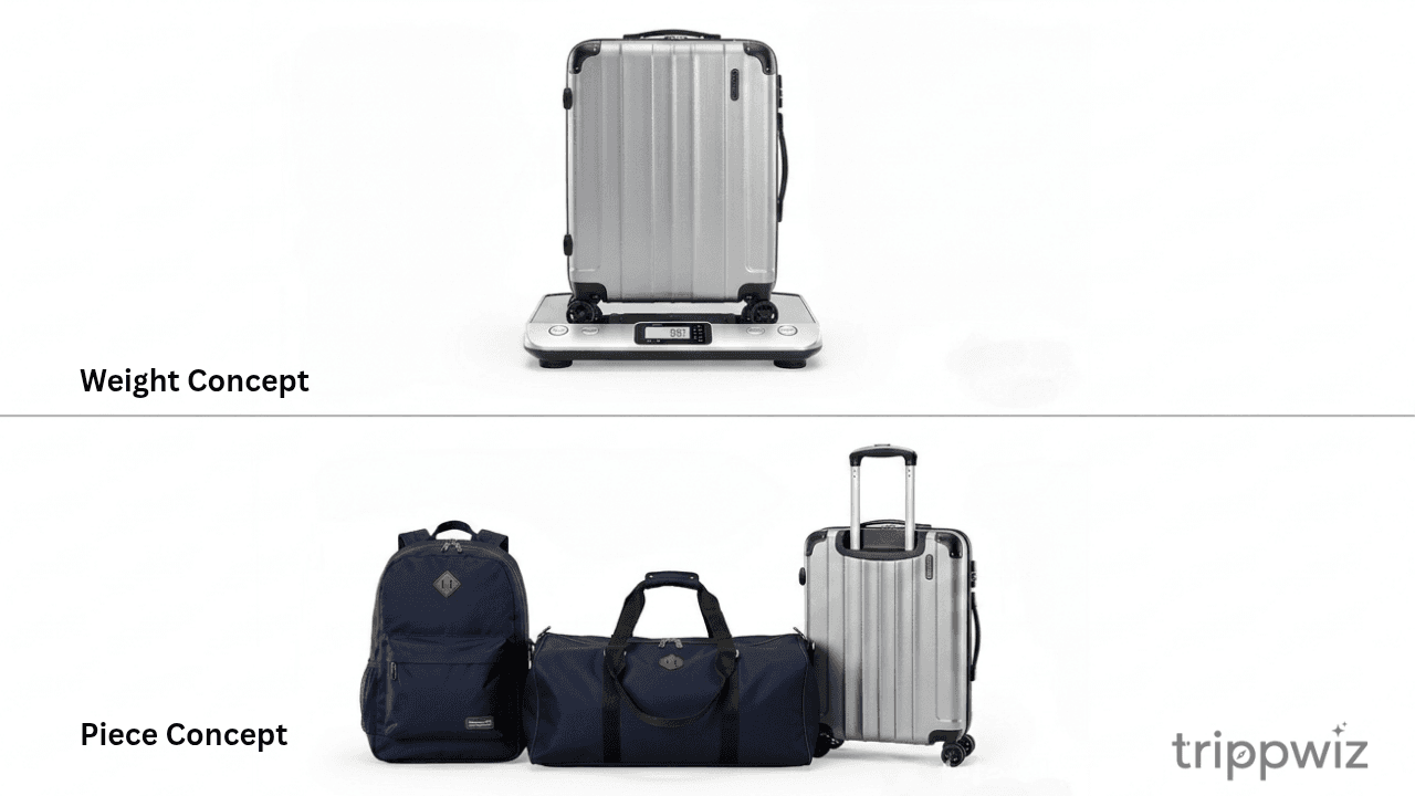 Suitcases at airport explaining weight vs piece concept